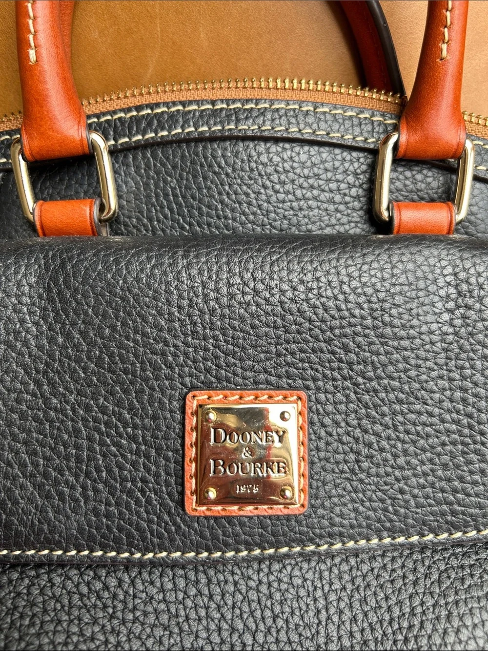 Dooney & Bourke Black Pebble Grain Leather Front Pocket Satchel with Brown Trim